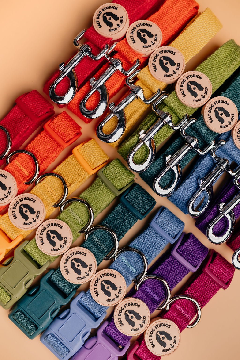 Selection of organic hemp dog leads in assorted colours – eco-friendly, soft, and durable design by Salt Dog Studios.