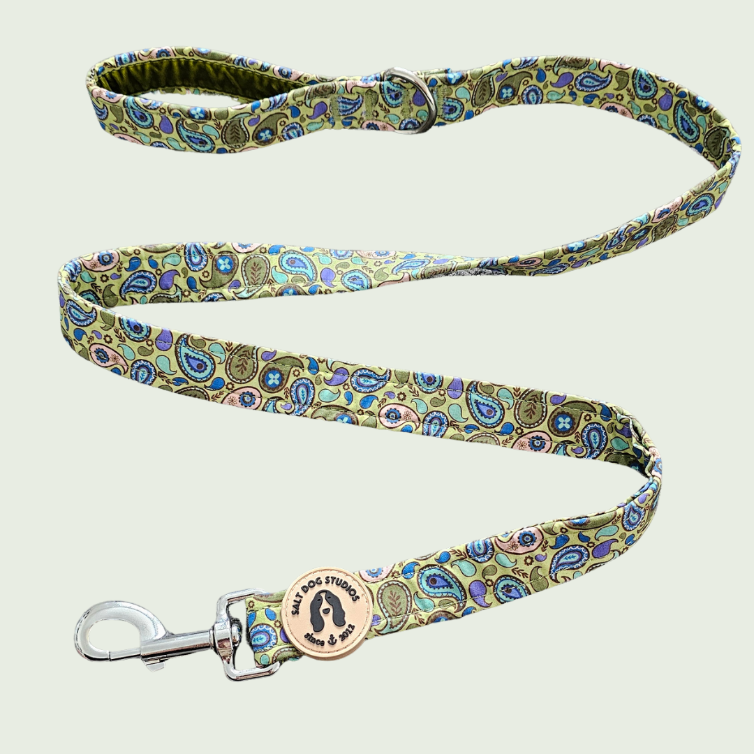 Paisley dog lead with blue, green and yellow paisley print and metal clip