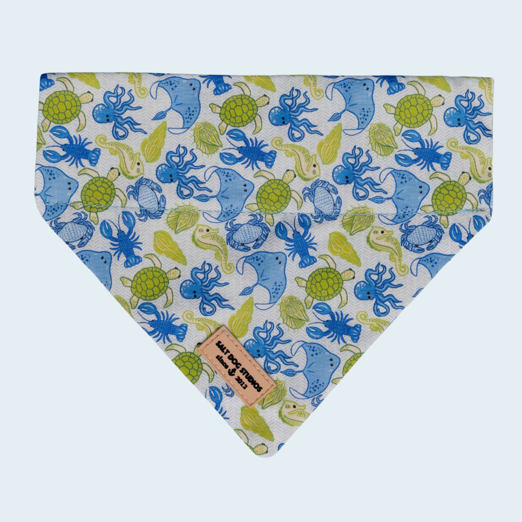 Ocean Life dog bandana with blue and green sea-life print, shown flat