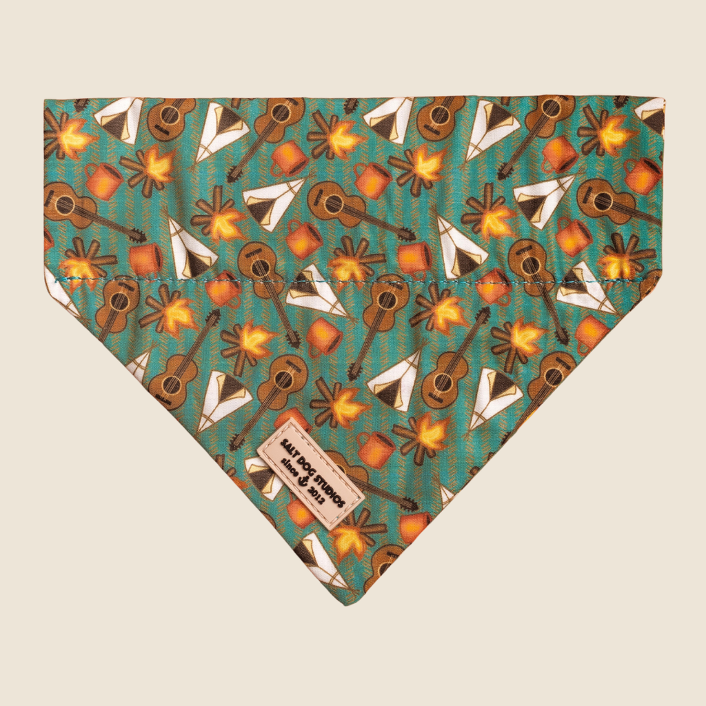 Mountain Camp Out dog bandana with teal and brown camping print, shown flat