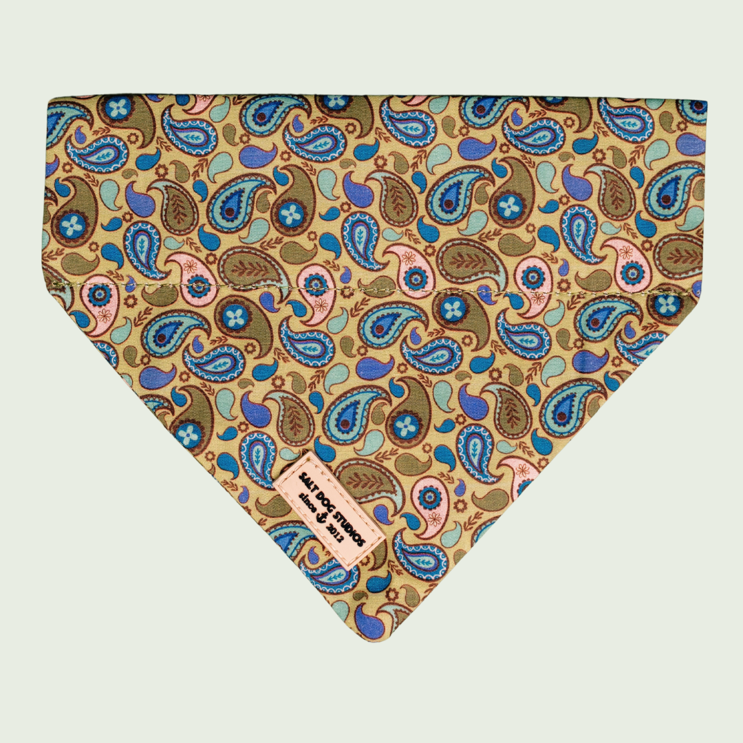 Paisley dog bandana with blue, green and yellow paisley print, shown flat