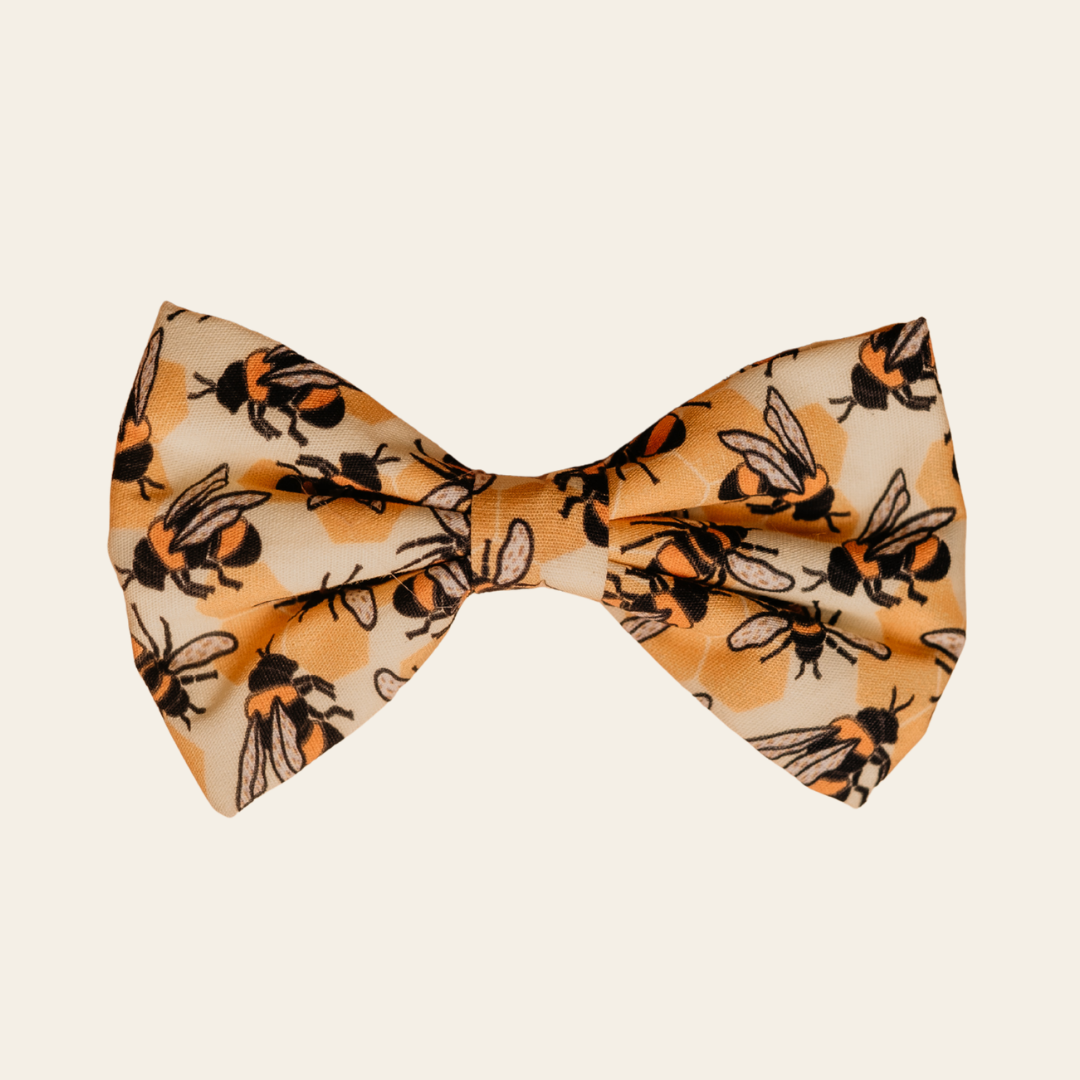 Honey Bee Hive dog bow tie with black bees on yellow, front view