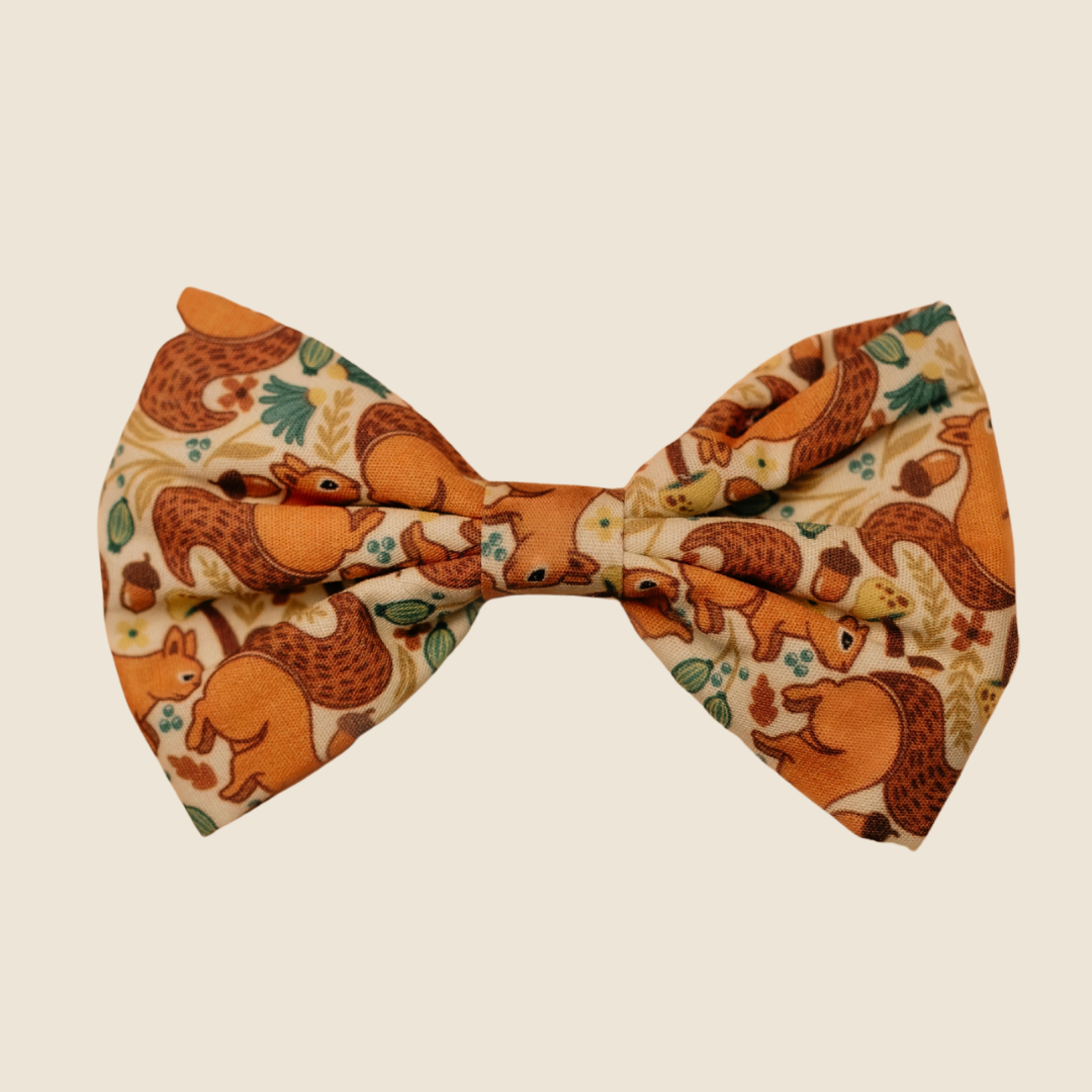 Splendid Squirrels dog bow tie with orange squirrels and leaves, front view