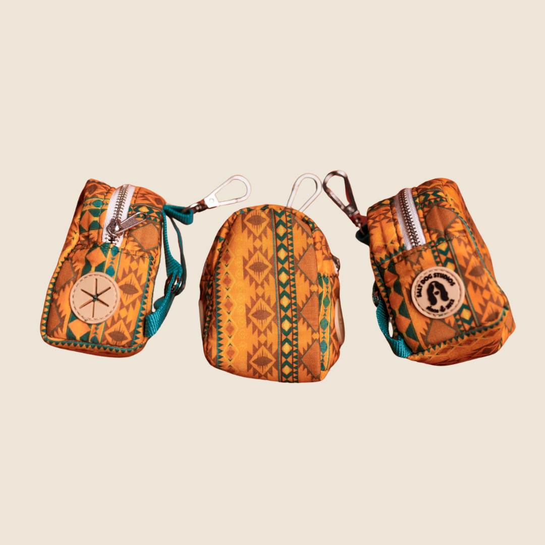 Mountain Aztec dog poo bag holder with orange and teal geometric print, shown from three angles