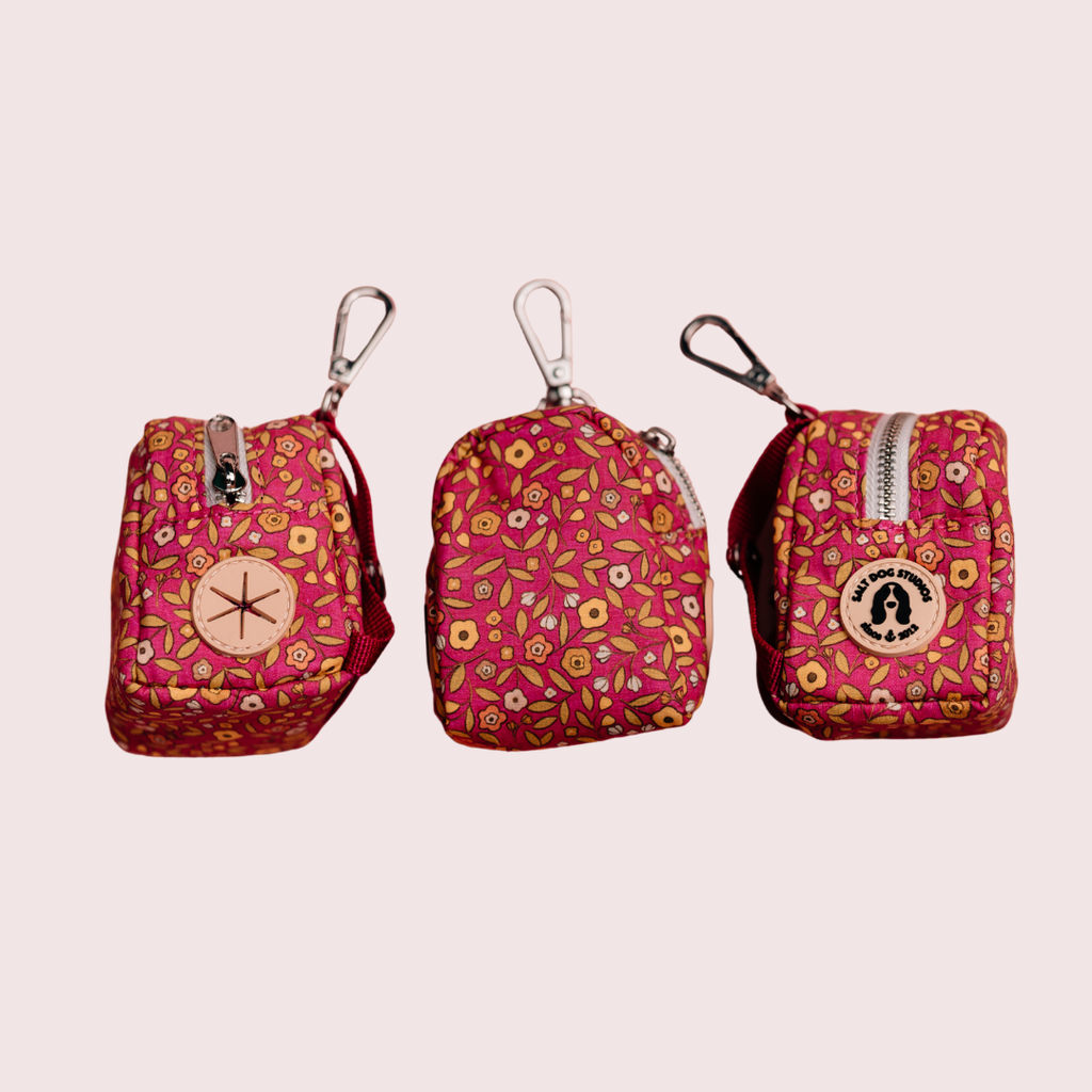 Ditsy Floral Pink dog poo bag holder with small flowers on raspberry pink, shown from three angles