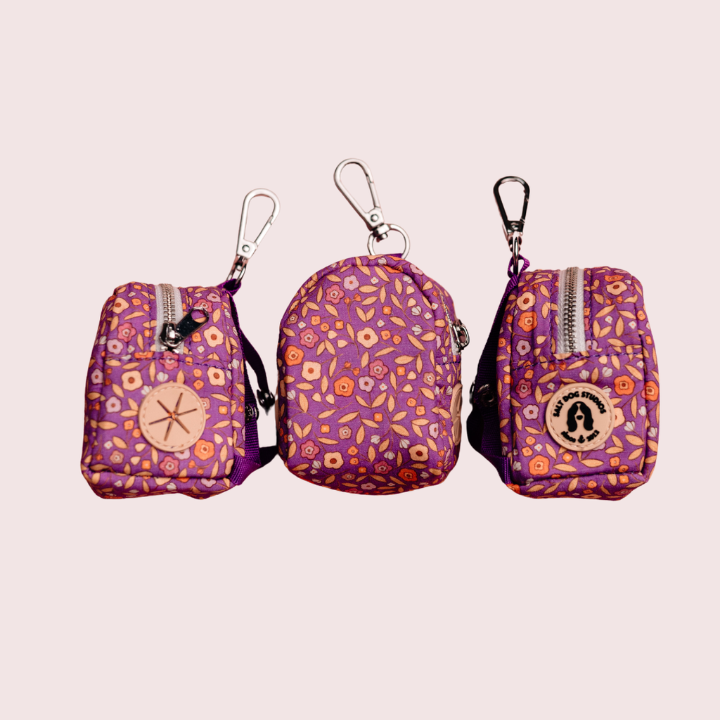 Ditsy Floral Purple dog poo bag holder with small flowers on purple, shown from three angles