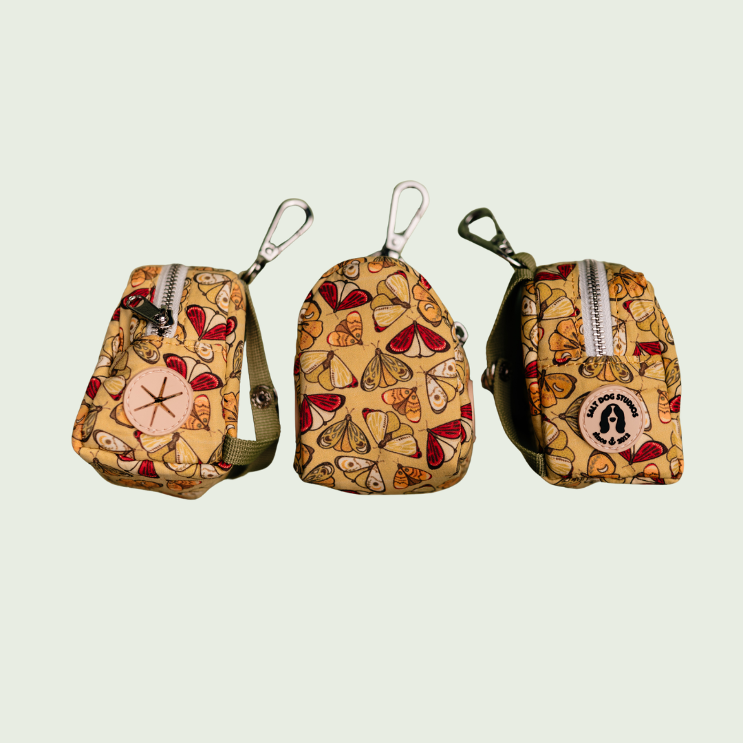 Flutterby Butterfly dog poo bag holder with colourful butterflies on yellow, shown from three angles