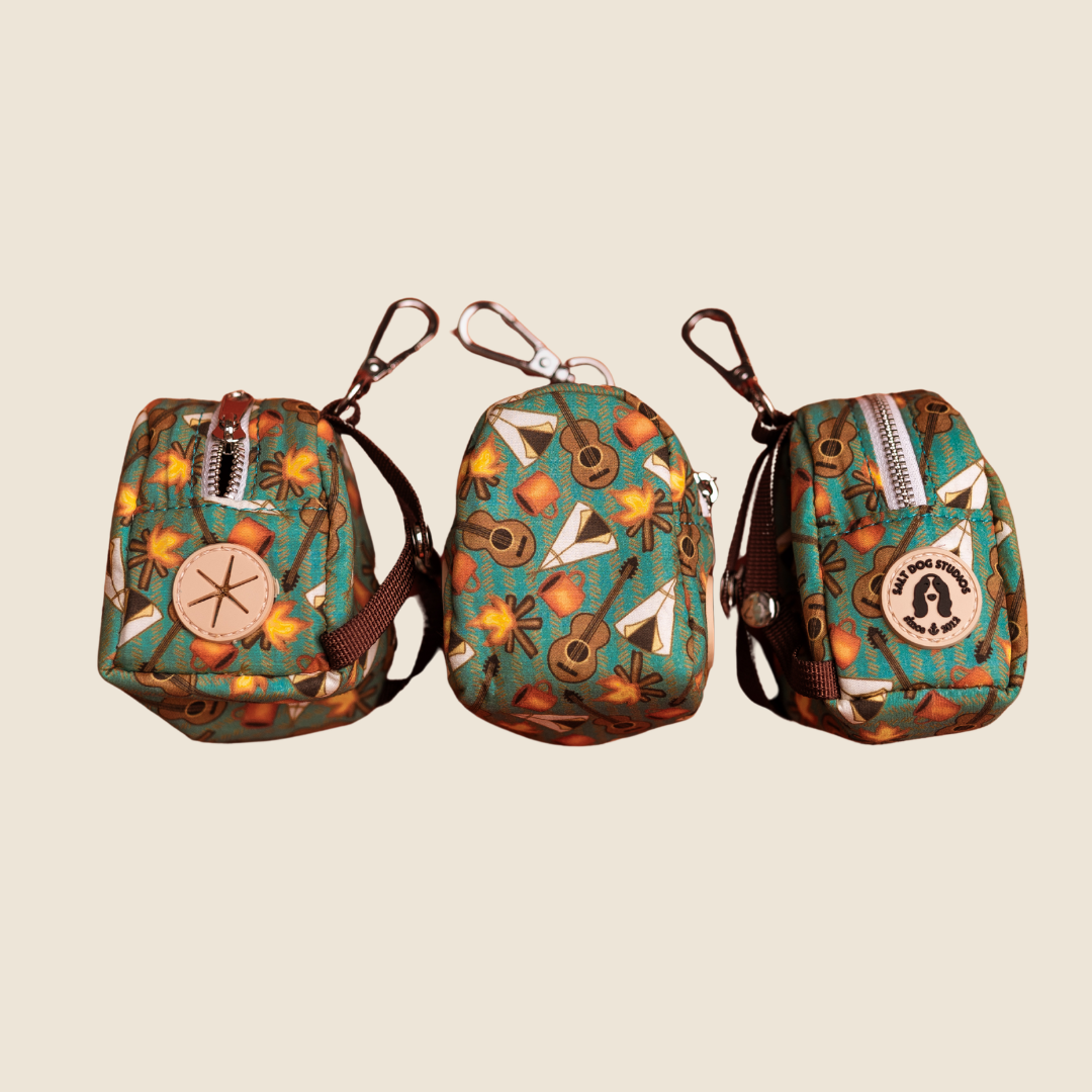 Mountain Camp Out dog poo bag holder with teal and brown camping print, shown from three angles