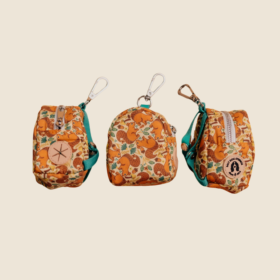 Splendid Squirrels dog poo bag holder with orange squirrels and leaves, shown from three angles
