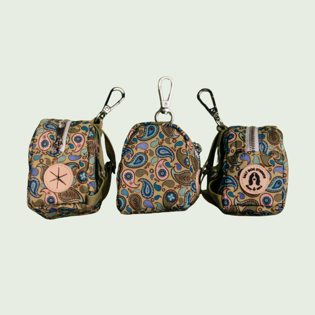 Paisley dog poo bag holder with blue, green and yellow paisley print, shown from three angles