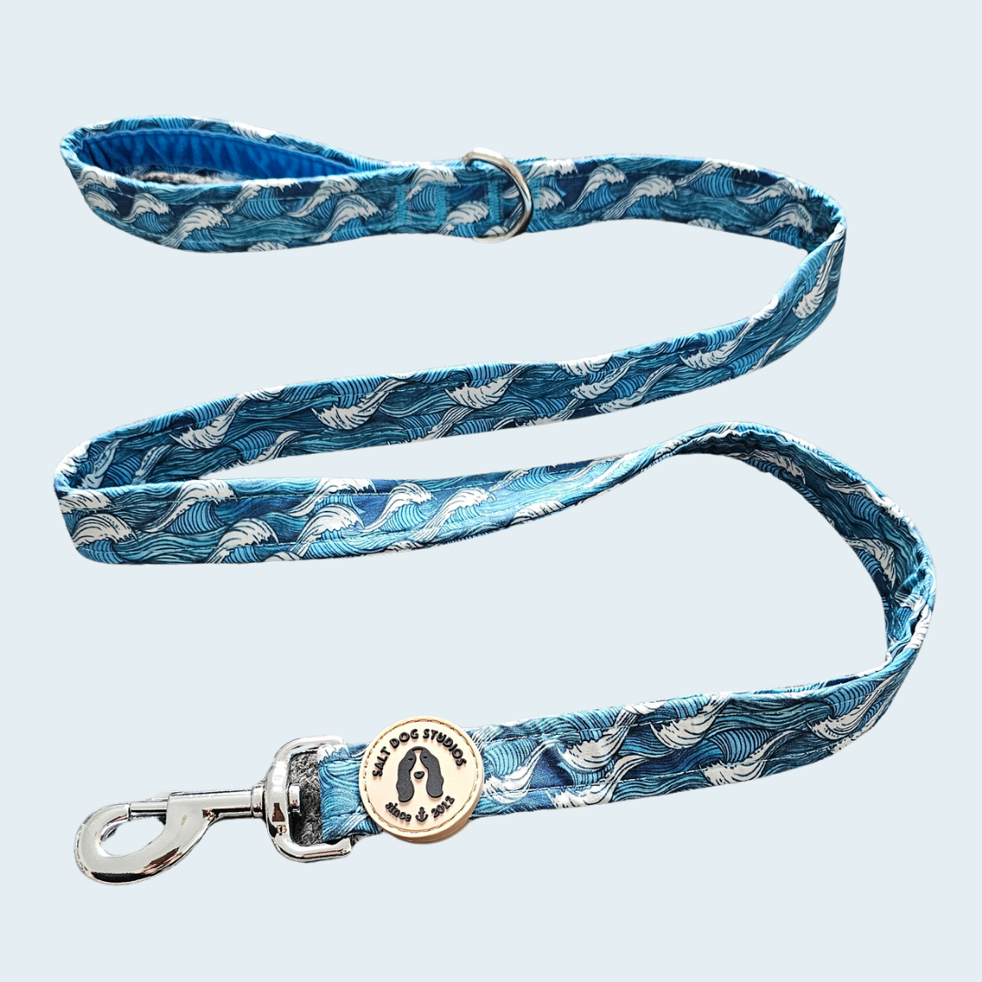 Catching Waves dog lead with white waves on blue and metal clip