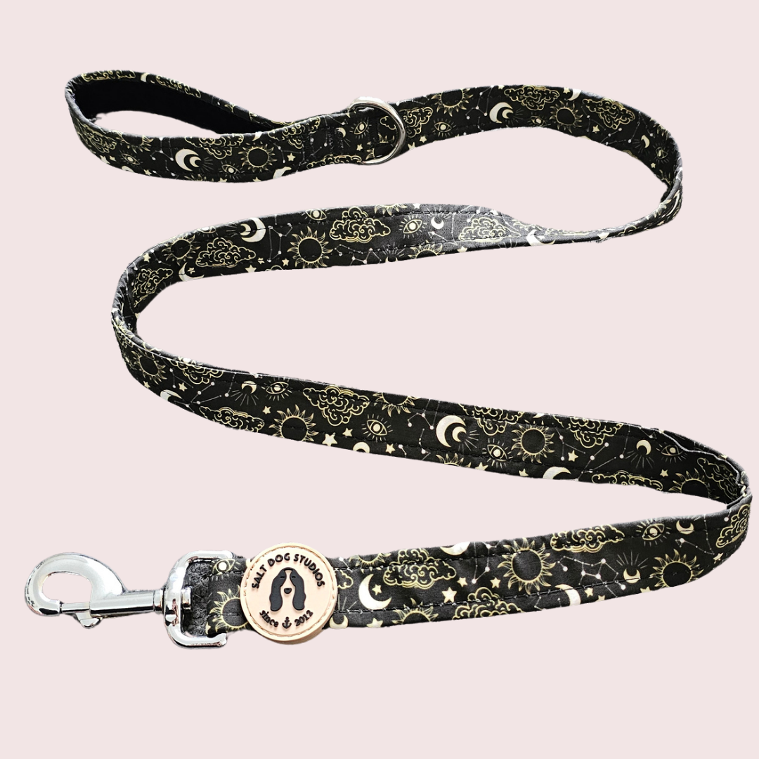 Celestial dog lead with gold suns, moons and stars on black and metal clip