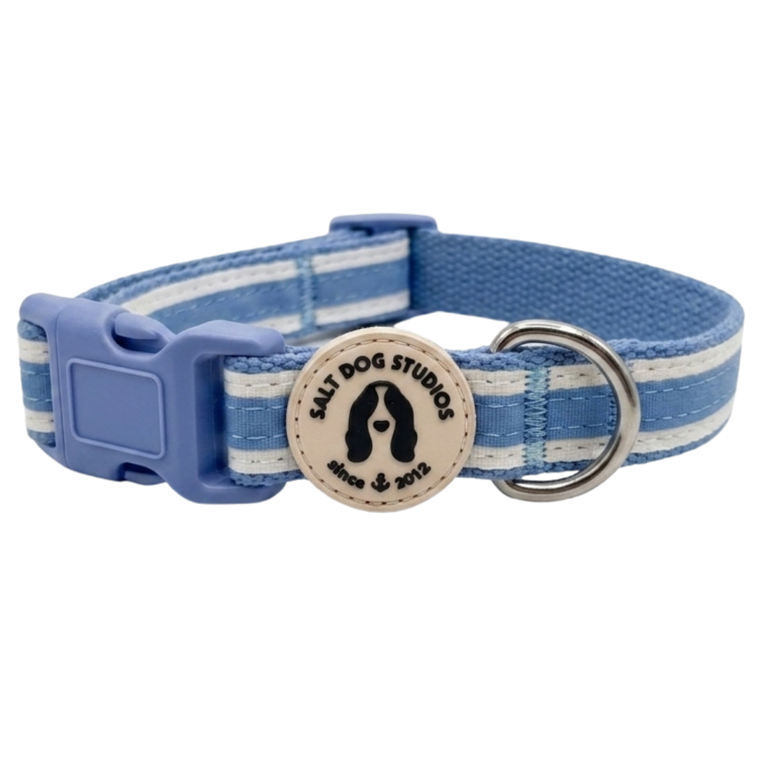 Organic Striped Cornflower Blue Hemp Dog Collar