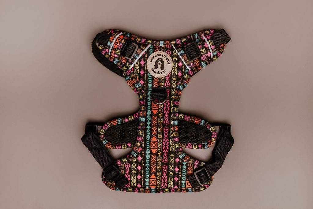 Retro Tribal Ultra Comfort Fabric Dog Harness with bold geometric tribal print on black – Salt Dog Studios UK
