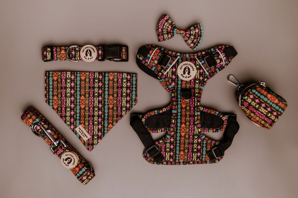 Adjustable Retro Tribal harness with geometric print design – part of the Salt Dog Studios Fabric Collection