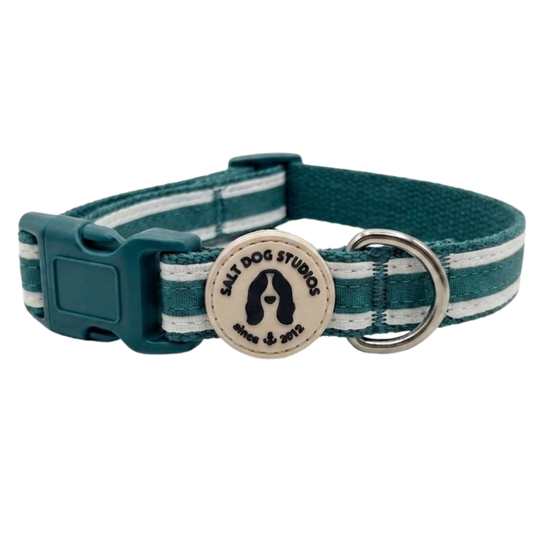 Organic Striped Dark Teal Hemp Dog Collar