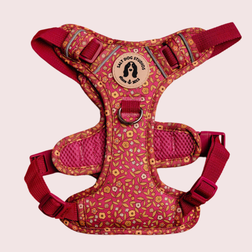 Ditsy Floral Pink dog harness with small flowers on raspberry pink and adjustable straps