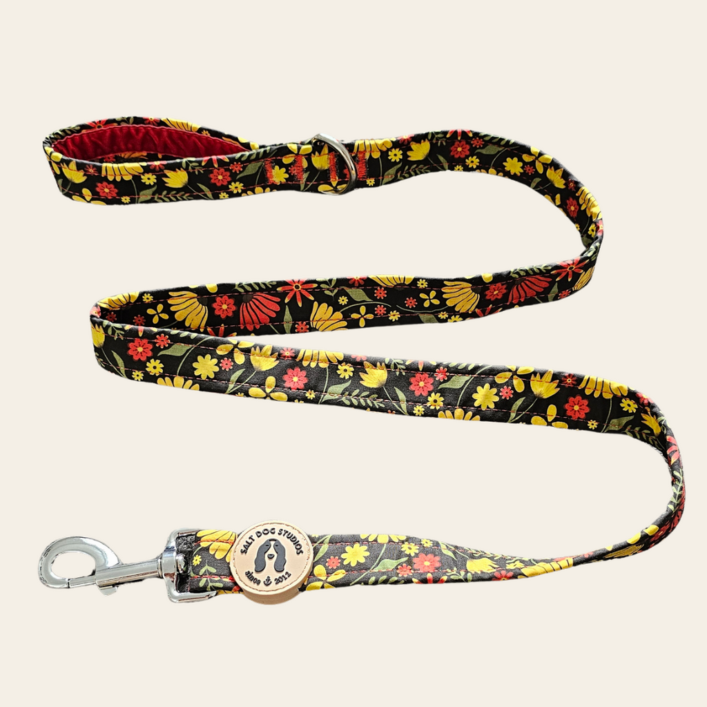 Folksy Flowers dog lead with colourful flowers on black and metal clip