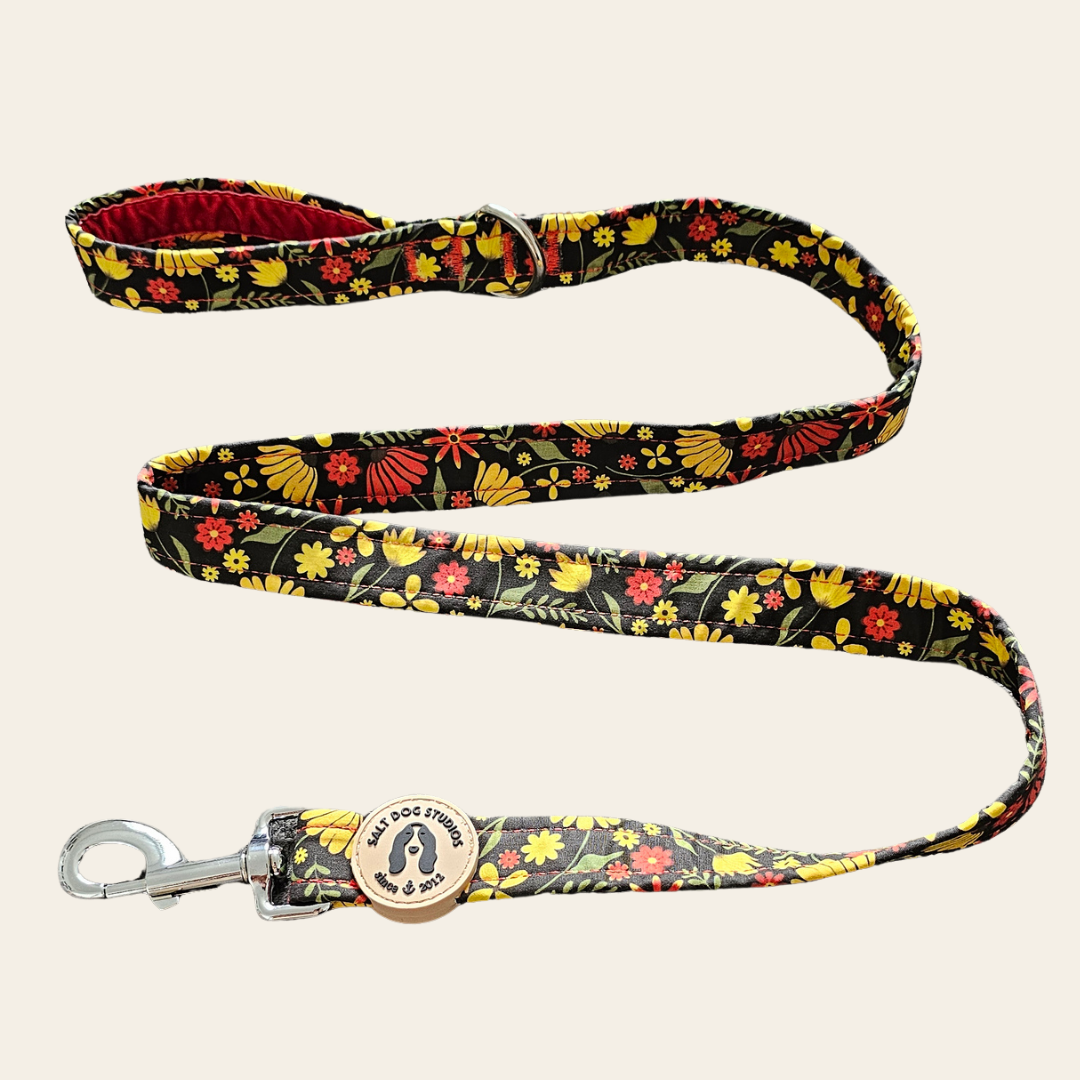Folksy Flowers dog lead with colourful flowers on black and metal clip