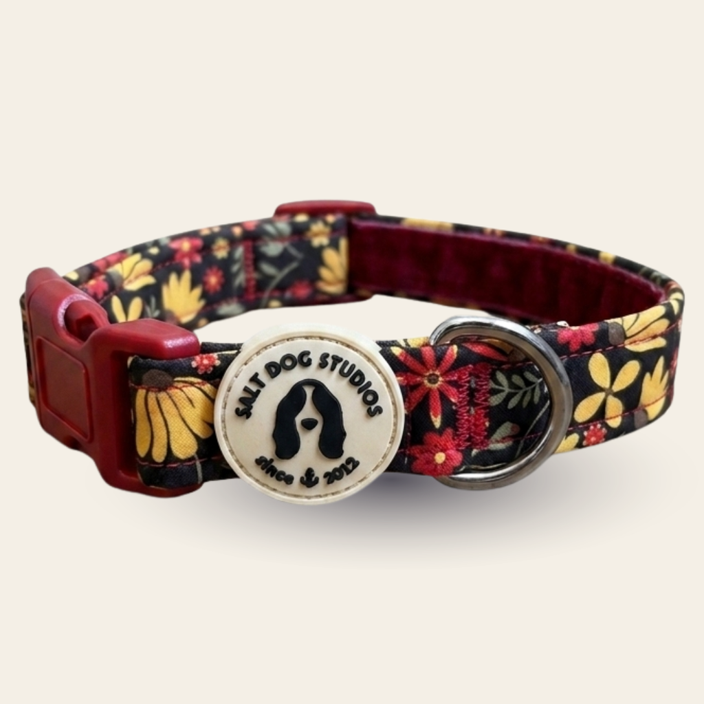 Folksy Flowers dog collar with colourful flowers on black and metal D-ring