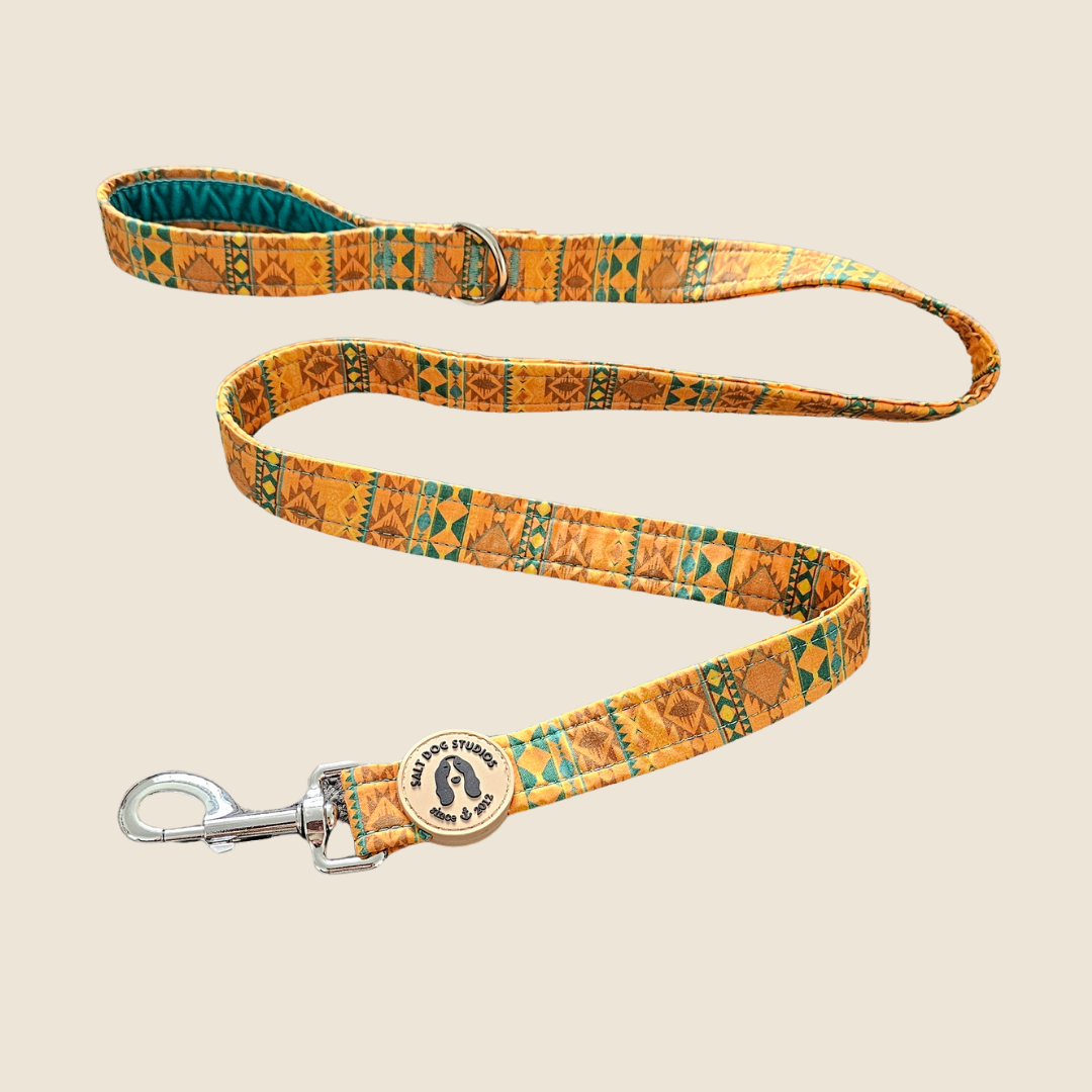 Mountain Aztec dog lead with orange and teal geometric print and metal clip