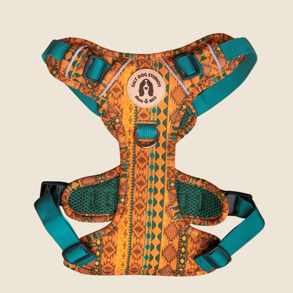 Mountain Aztec dog harness with orange and teal geometric print and adjustable straps