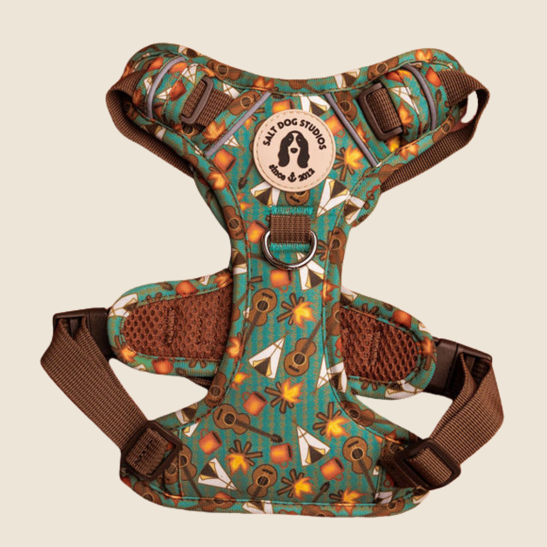 Mountain Camp Out dog harness with teal and brown camping print and adjustable straps