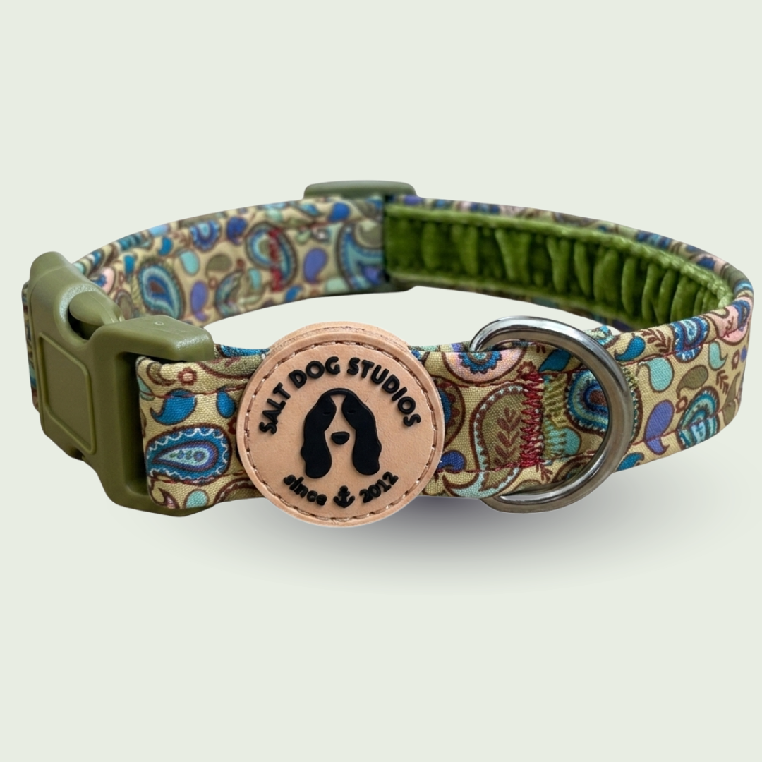 Paisley dog collar with blue, green and yellow paisley print and metal D-ring