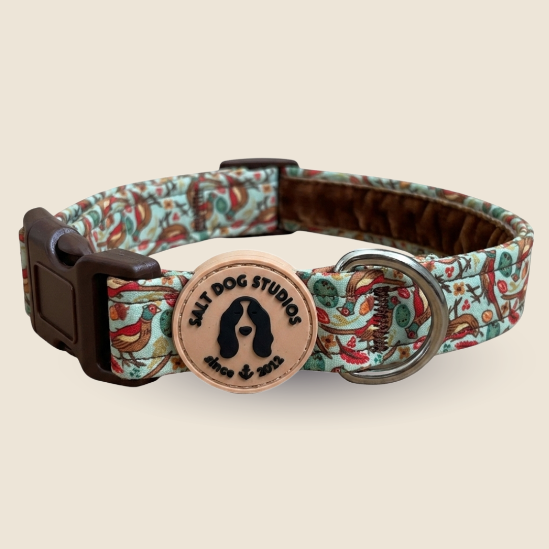 Pheasants dog collar with red and green pheasant print and metal D-ring