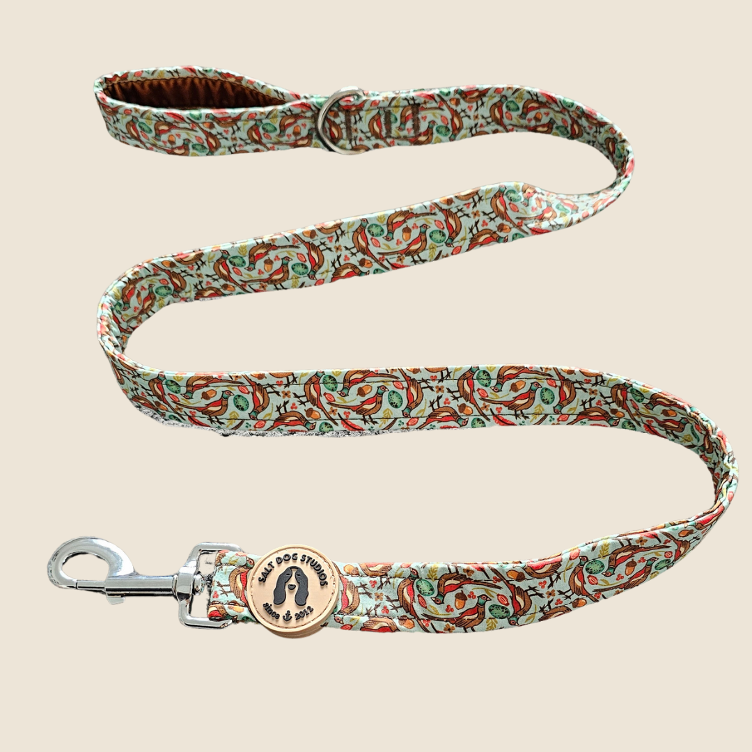 Pheasants dog lead with red and green pheasant print and metal clip