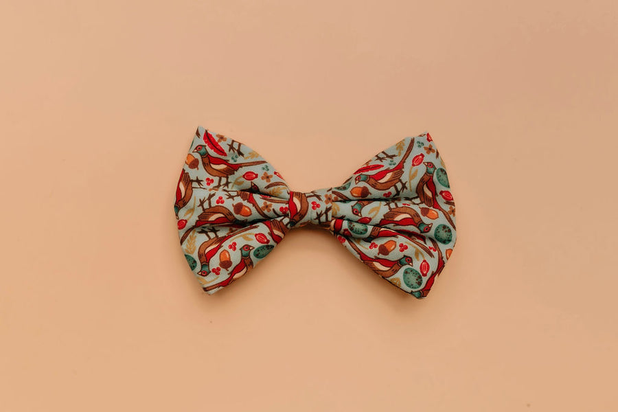 Pheasants print dog bow tie in cotton fabric on light teal background
