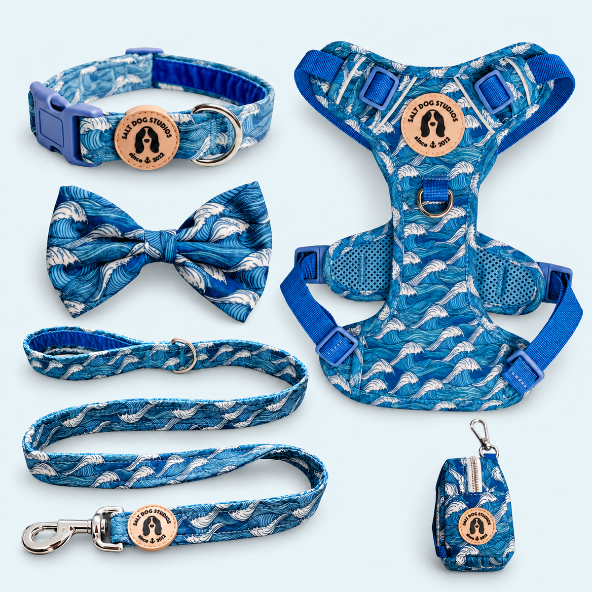 Catching Waves five-piece matching dog walking set with collar, lead, harness, bow tie and one poo bag holder