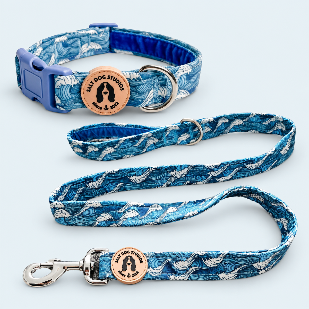 Catching Waves matching dog collar and lead set in blue wave print with silver fittings