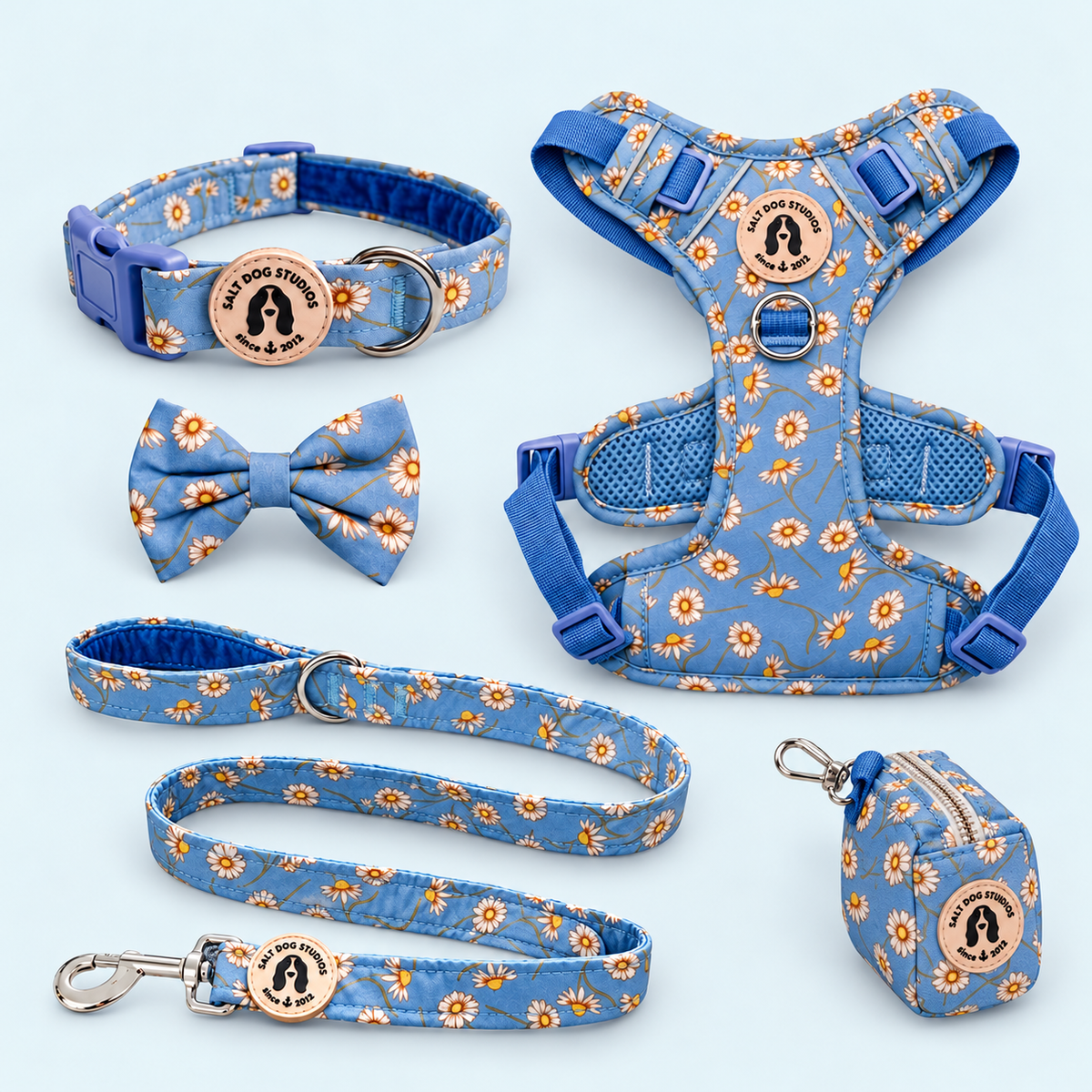 Daisy Daisy five-piece matching dog walking set with blue floral collar, lead, harness, bow tie and upright poo bag holder