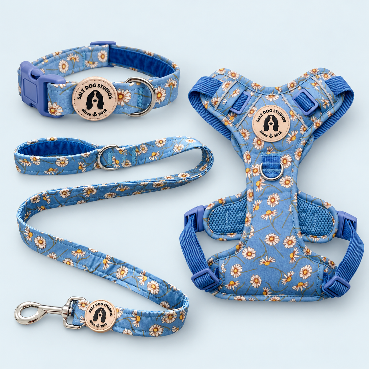 Daisy Daisy matching dog collar, lead and harness set in blue floral fabric
