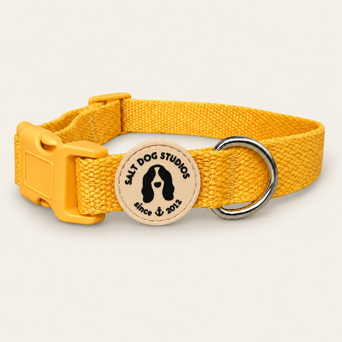 Salt Dog Studios plain sunflower yellow hemp dog collar, matching buckle and metal D-ring on a pale beige background.