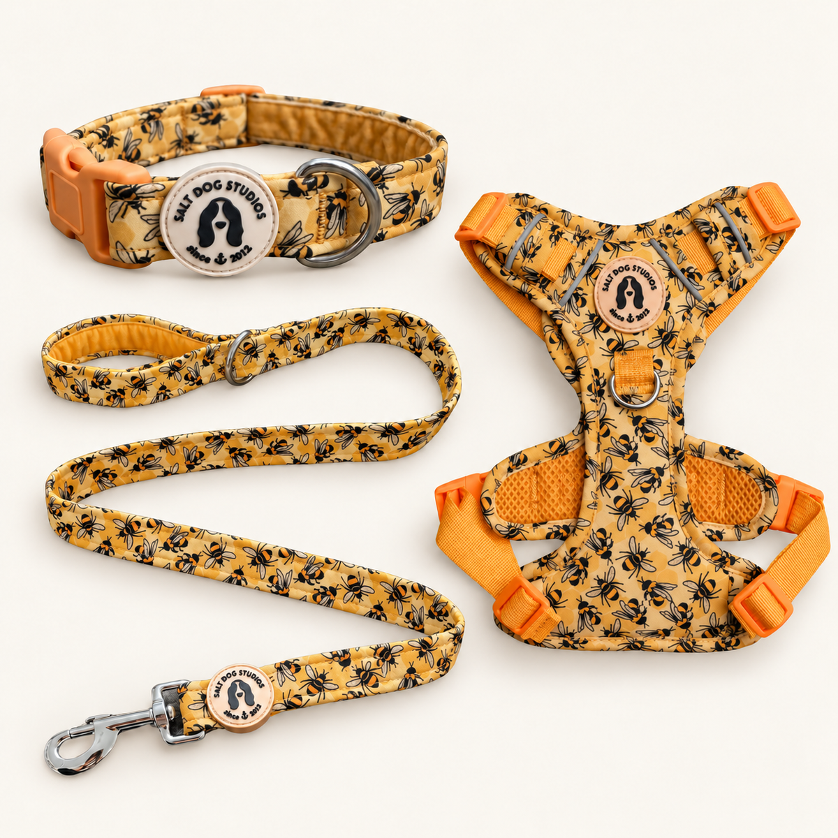 Honey Bee Hive matching dog collar, lead and harness set with black bees on honey-yellow fabric