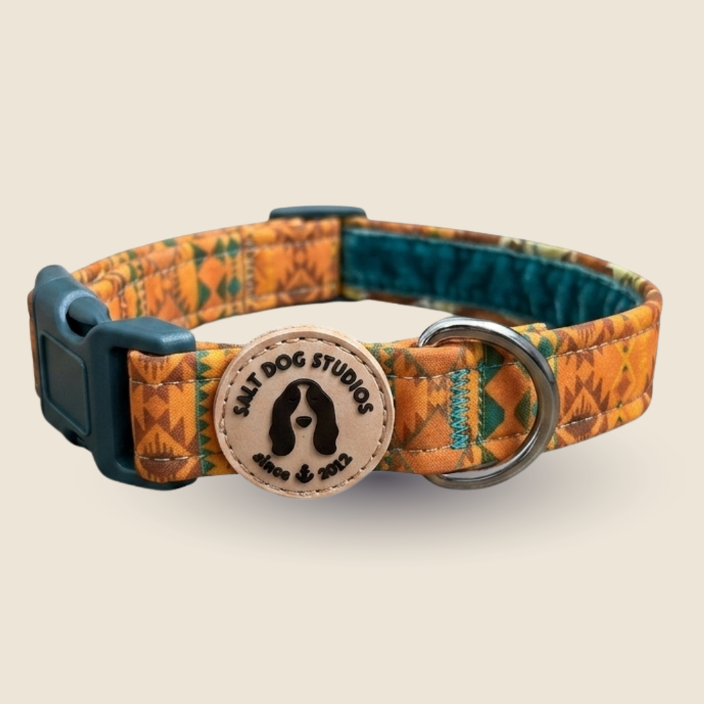 Mountain Aztec dog collar with orange and teal geometric print and metal D-ring