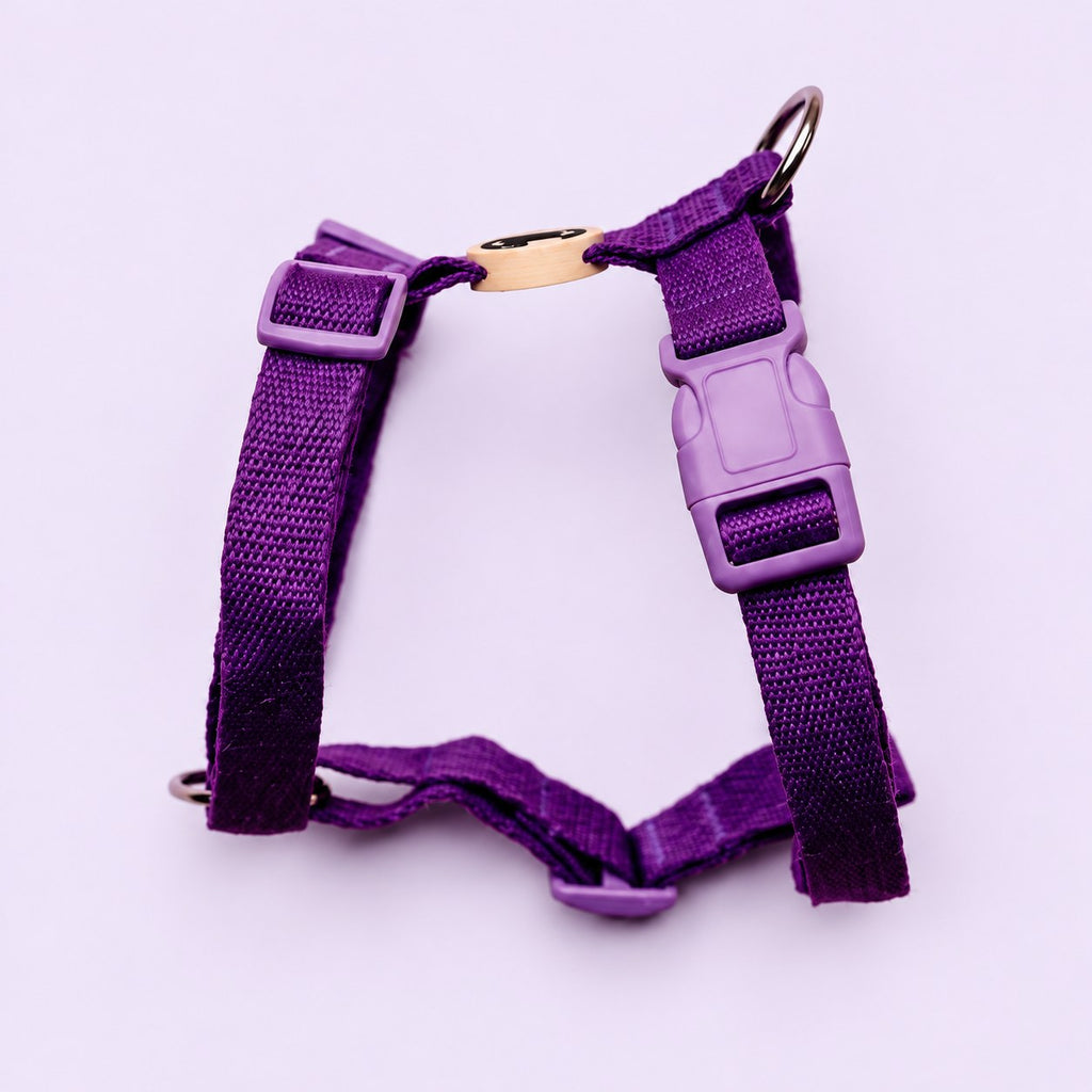Salt Dog Studios plain indigo purple hemp dog harness with adjustable straps and matching buckle on a pale lavender background.