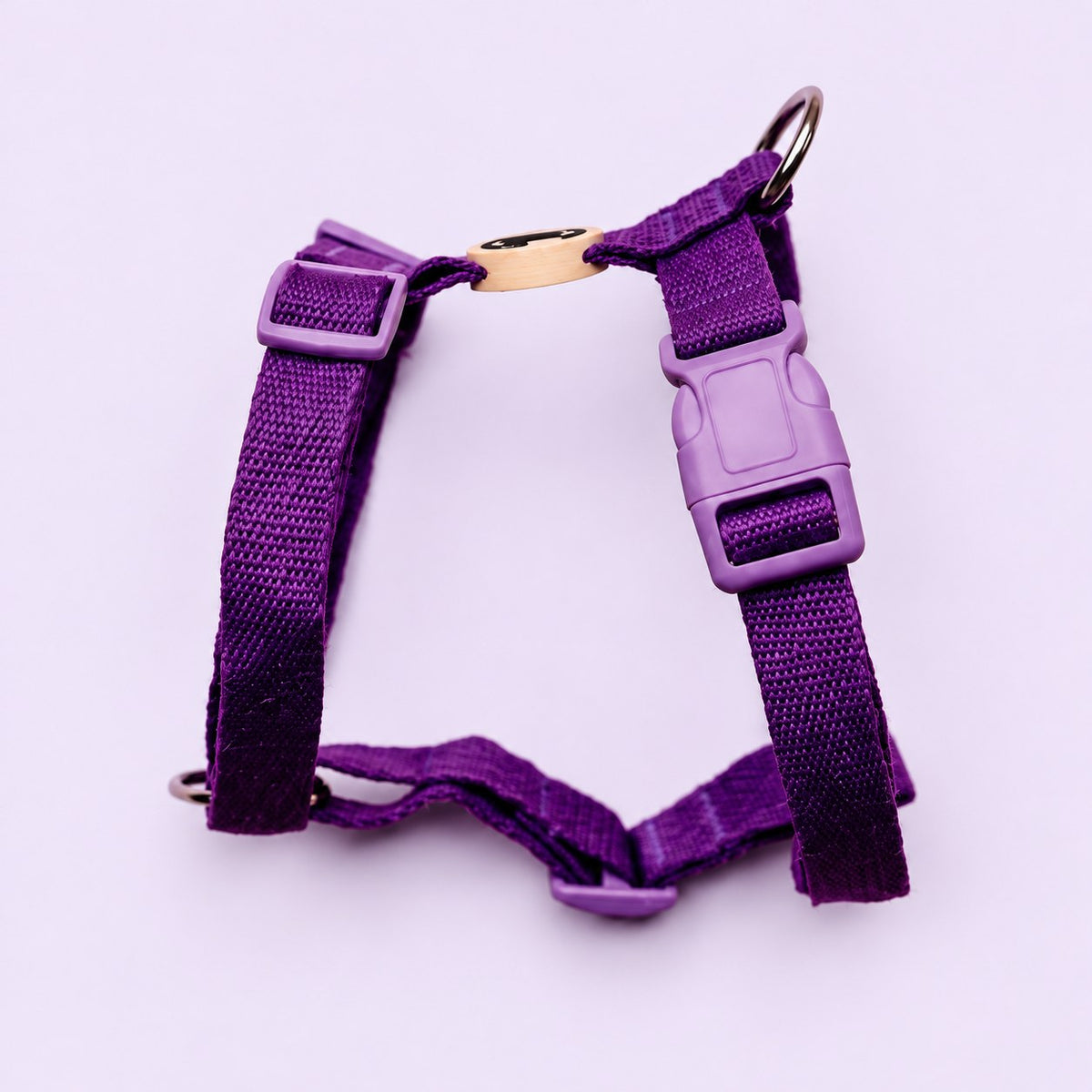 Salt Dog Studios plain indigo purple hemp dog harness with adjustable straps and matching buckle on a pale lavender background.