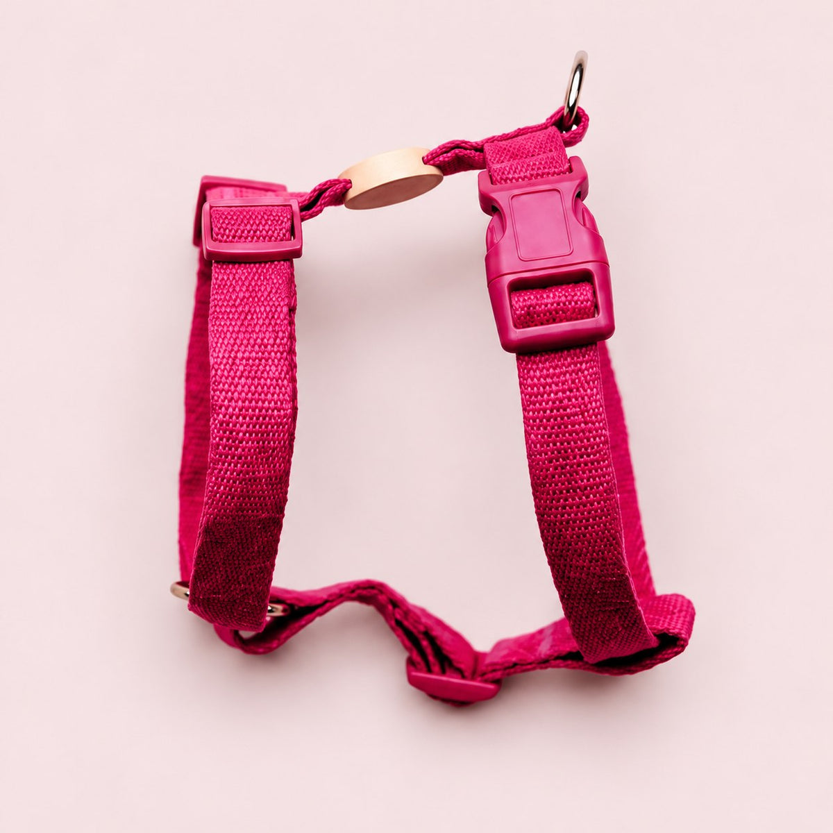 Salt Dog Studios plain magenta pink hemp dog harness with adjustable straps and matching buckle on a rose blush background.