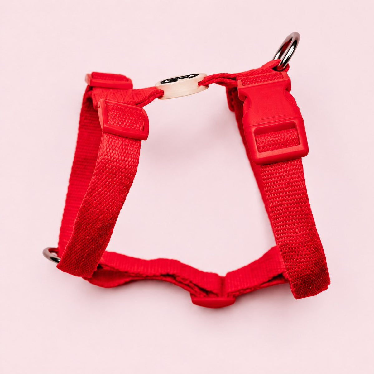 Salt Dog Studios plain scarlet red hemp dog harness with adjustable straps and matching buckle on a rose blush background.