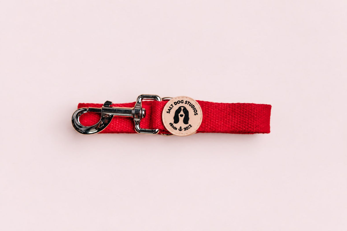 Salt Dog Studios plain scarlet red hemp dog lead folded with metal clip and logo badge on a rose blush background.