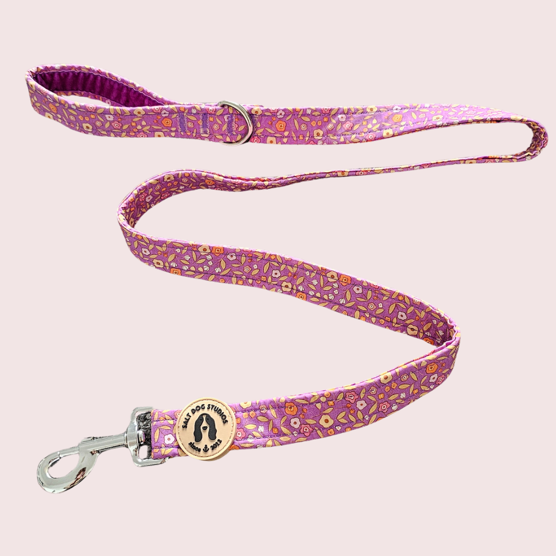 Ditsy Floral Purple dog lead with small flowers on purple and metal clip
