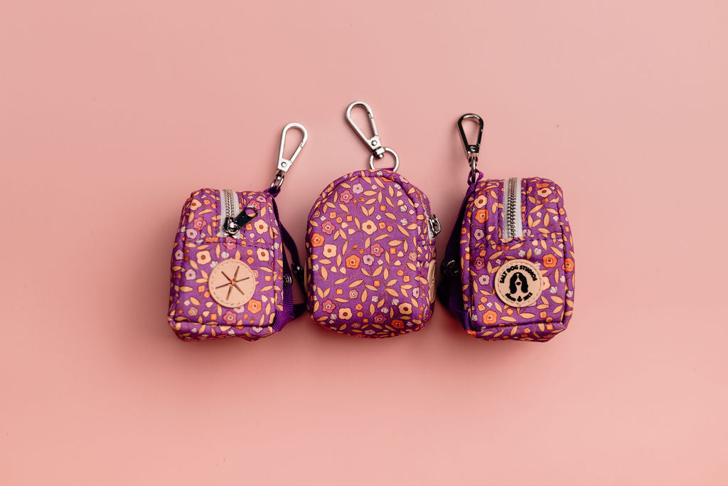 purple ditsy floral poo bag holder