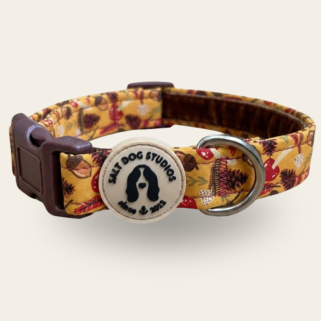 Woodland Treasure dog collar with red and brown woodland motifs on mustard and metal D-ring